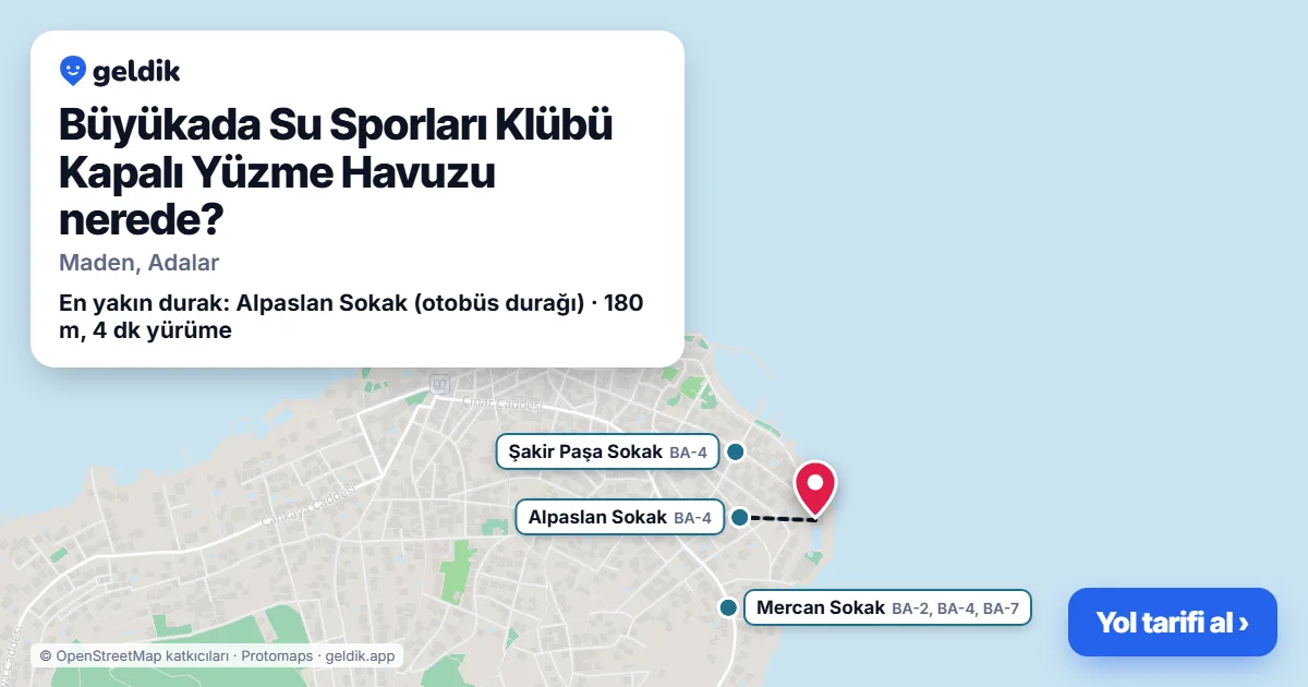 Büyükada Su Sporları Klübü Kapalı Yüzme Havuzu nerede: haritada konumu ve en yakın duraklar, yürüme süreleriyle