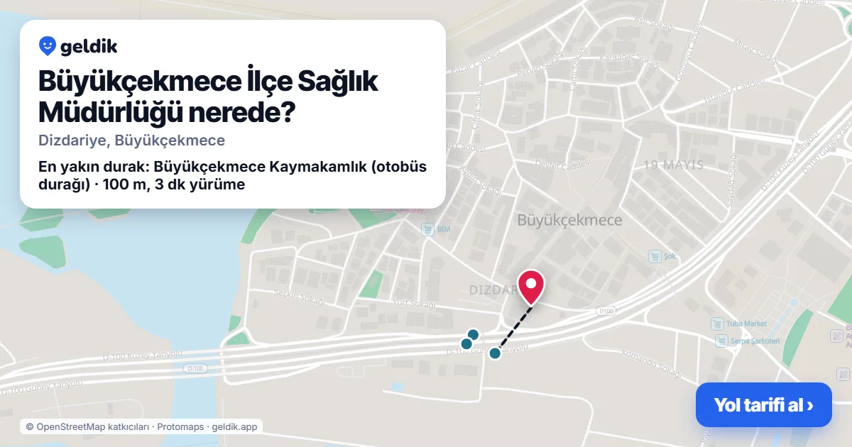 Where is Büyükçekmece İlçe Sağlık Müdürlüğü: map with its location and the nearest stops, with walking times