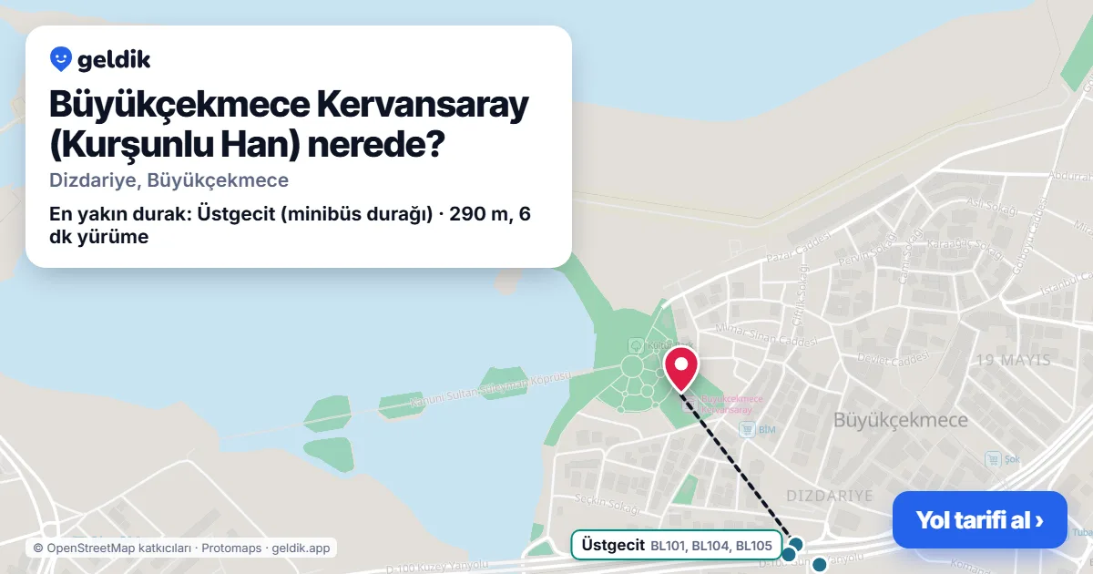 Where is Büyükçekmece Kervansaray (Kurşunlu Han): map with its location and the nearest stops, with walking times