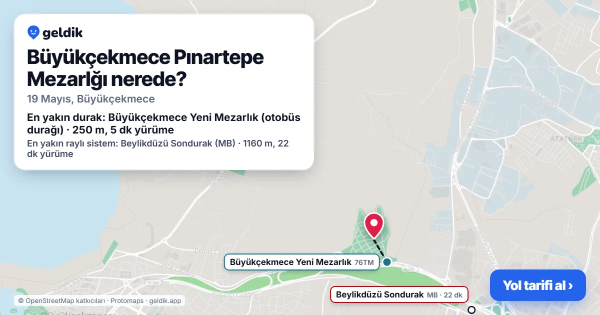 Büyükçekmece Pınartepe Mezarlğı nerede: haritada konumu ve en yakın duraklar, yürüme süreleriyle