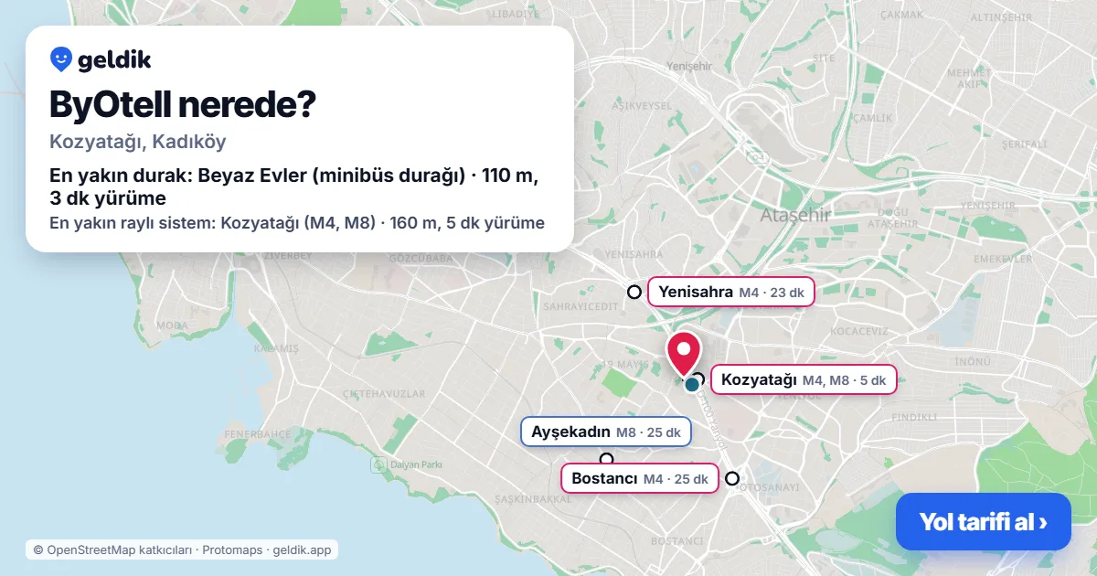 ByOtell nerede: haritada konumu ve en yakın duraklar, yürüme süreleriyle