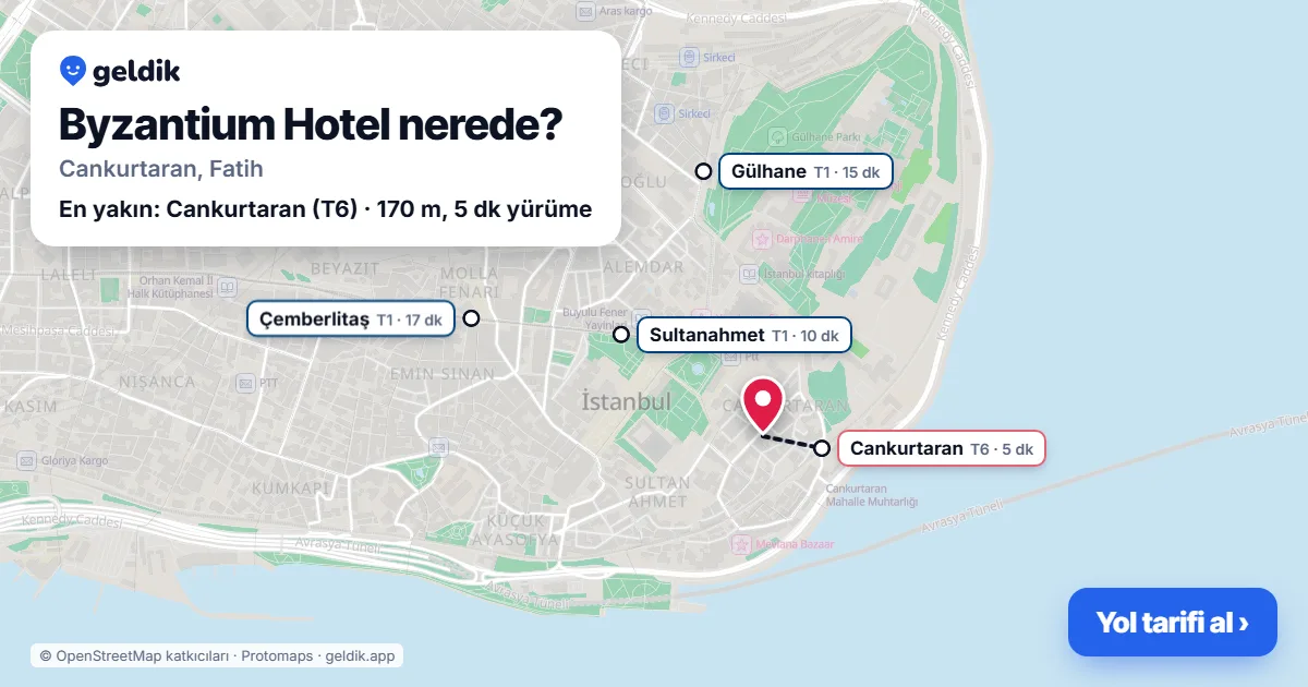 Byzantium Hotel nerede: haritada konumu ve en yakın duraklar, yürüme süreleriyle