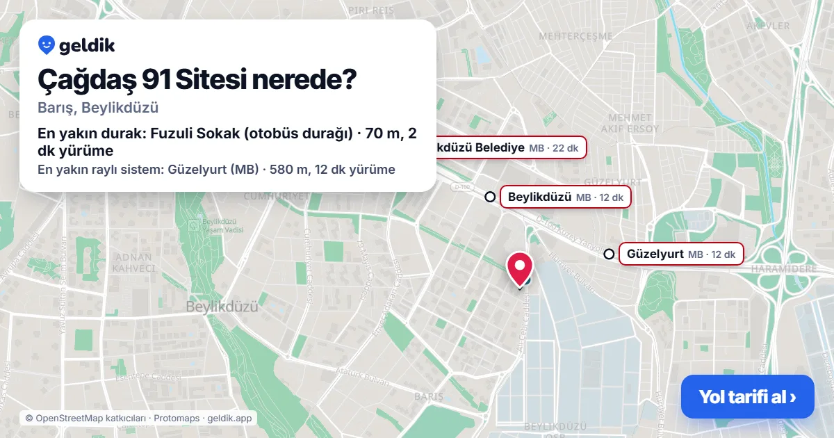 Çağdaş 91 Sitesi nerede: haritada konumu ve en yakın duraklar, yürüme süreleriyle