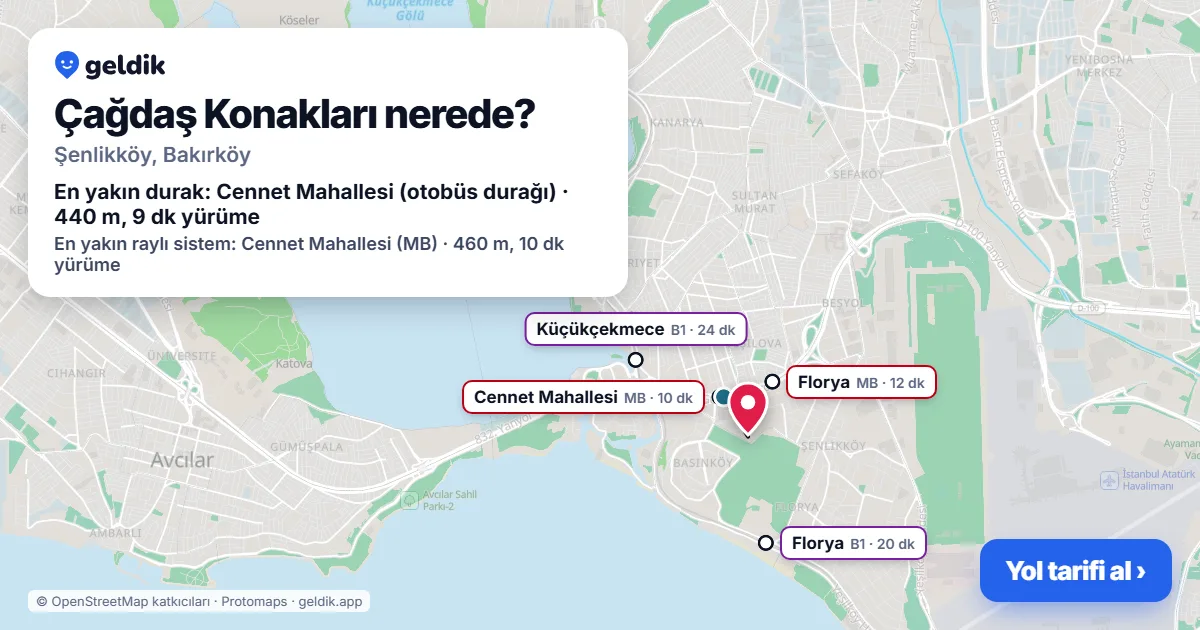 Where is Çağdaş Konakları: map with its location and the nearest stops, with walking times