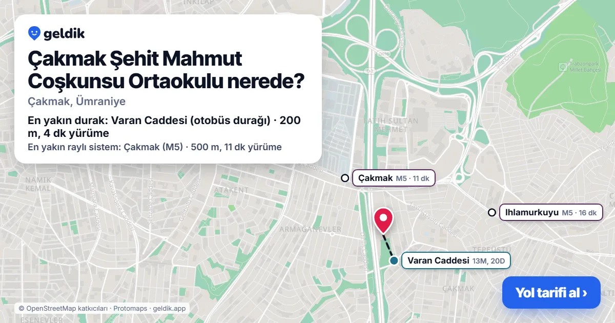 Where is Çakmak Şehit Mahmut Coşkunsu Ortaokulu: map with its location and the nearest stops, with walking times