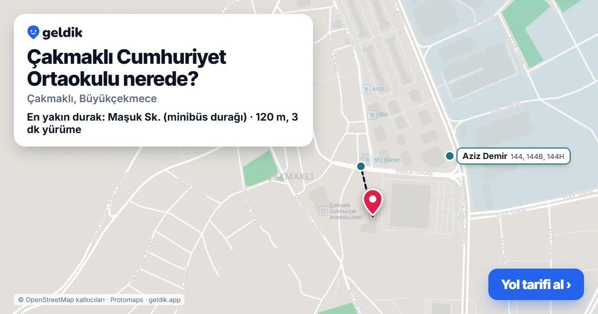 Where is Çakmaklı Cumhuriyet Ortaokulu: map with its location and the nearest stops, with walking times