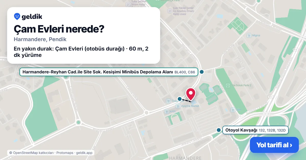Where is Çam Evleri: map with its location and the nearest stops, with walking times