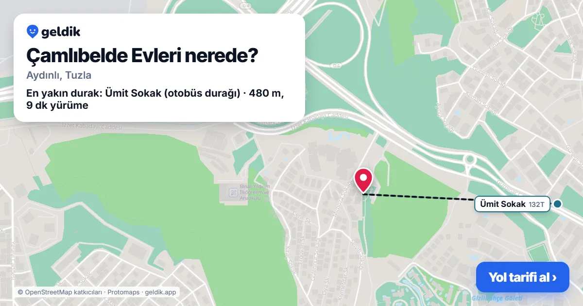 Çamlıbelde Evleri nerede: haritada konumu ve en yakın duraklar, yürüme süreleriyle