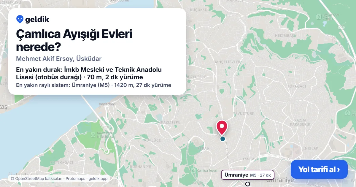 Çamlıca Ayışığı Evleri nerede: haritada konumu ve en yakın duraklar, yürüme süreleriyle