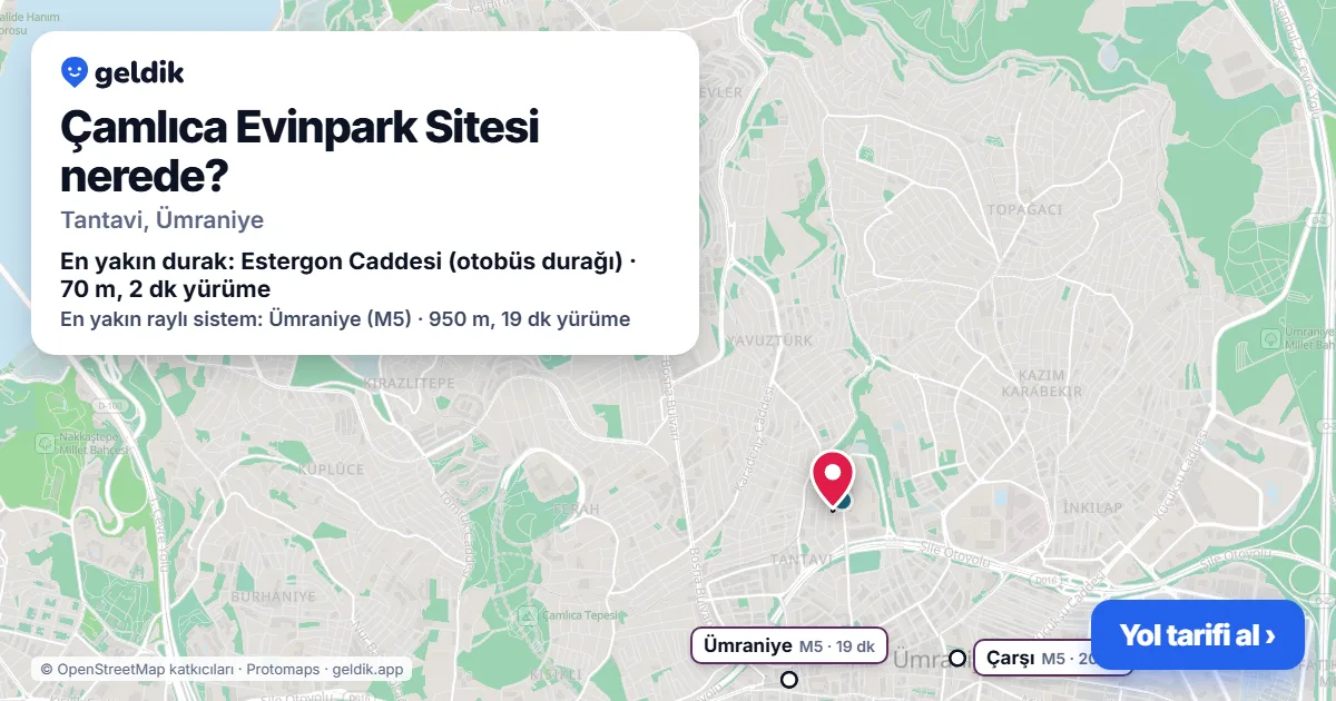 Çamlıca Evinpark Sitesi nerede: haritada konumu ve en yakın duraklar, yürüme süreleriyle