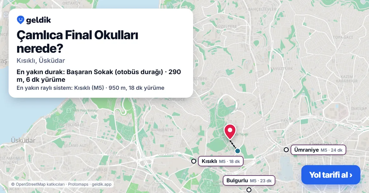 Çamlıca Final Okulları nerede: haritada konumu ve en yakın duraklar, yürüme süreleriyle