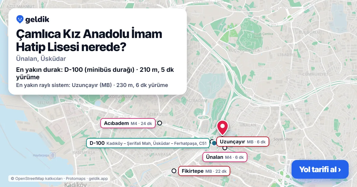 Where is Çamlıca Kız Anadolu İmam Hatip Lisesi: map with its location and the nearest stops, with walking times