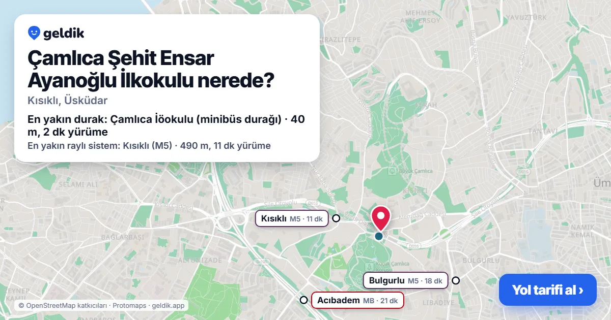 Where is Çamlıca Şehit Ensar Ayanoğlu İlkokulu: map with its location and the nearest stops, with walking times