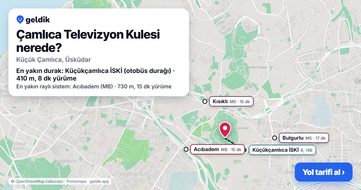 Çamlıca Televizyon Kulesi nerede: haritada konumu ve en yakın duraklar, yürüme süreleriyle