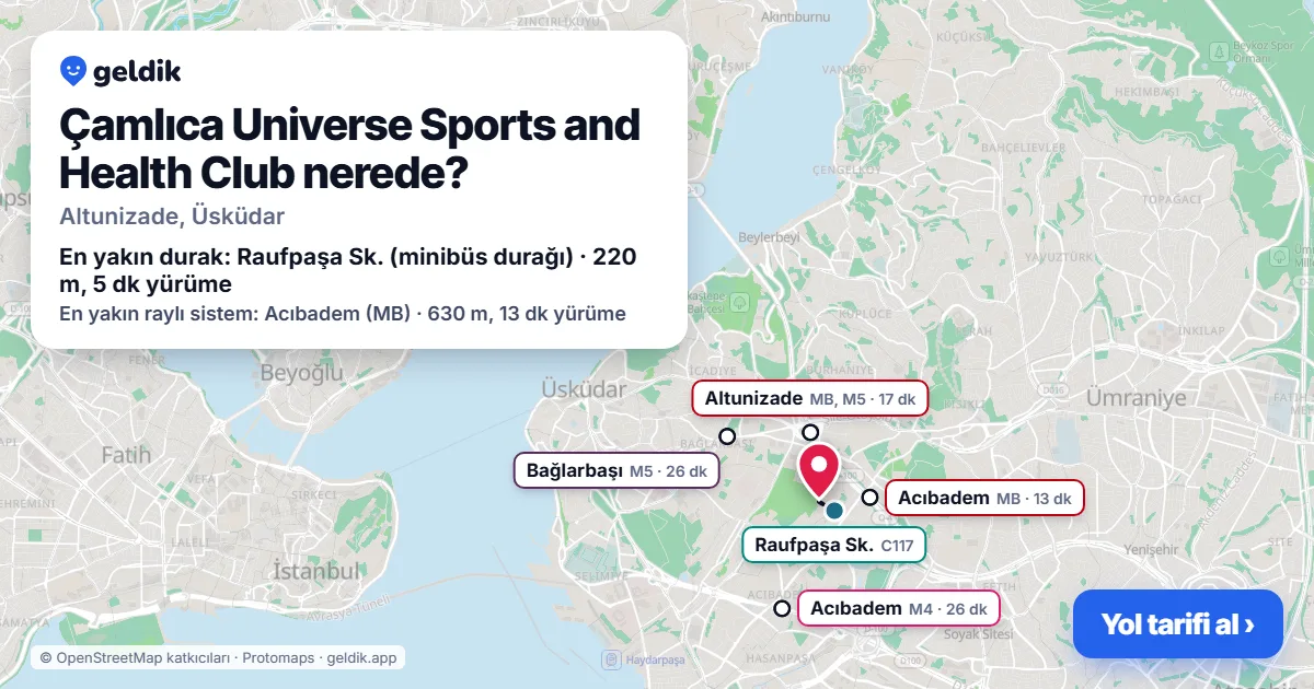 Where is Çamlıca Universe Sports and Health Club: map with its location and the nearest stops, with walking times