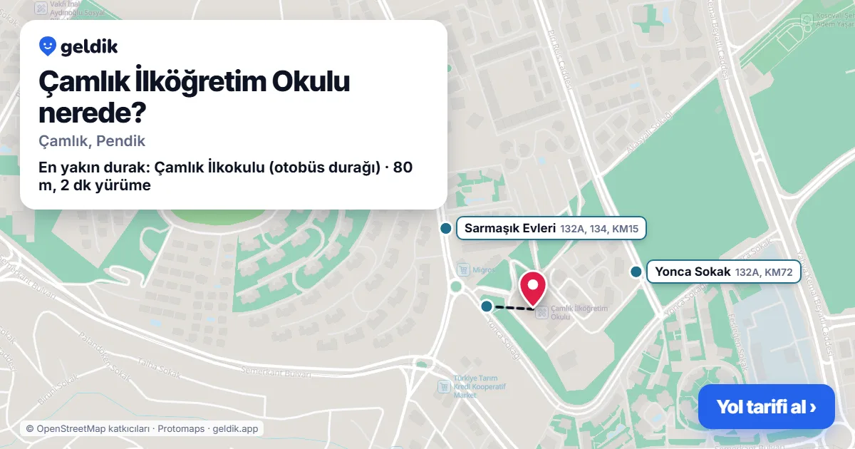 Where is Çamlık İlköğretim Okulu: map with its location and the nearest stops, with walking times