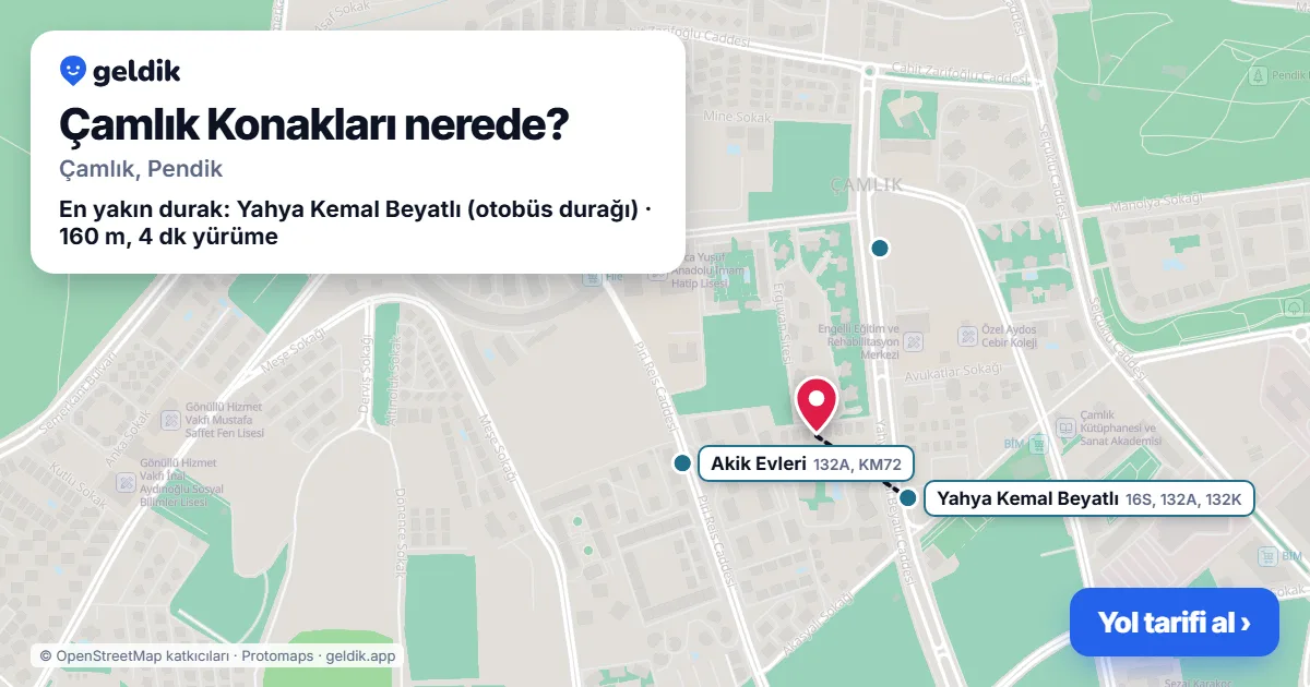 Çamlık Konakları nerede: haritada konumu ve en yakın duraklar, yürüme süreleriyle