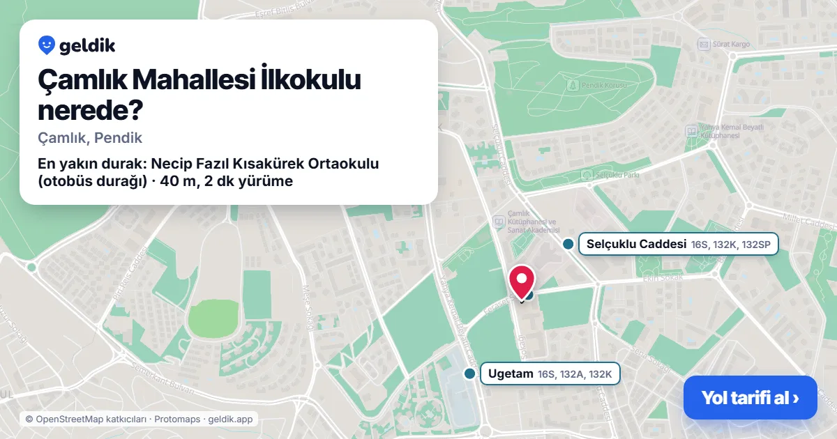 Çamlık Mahallesi İlkokulu nerede: haritada konumu ve en yakın duraklar, yürüme süreleriyle