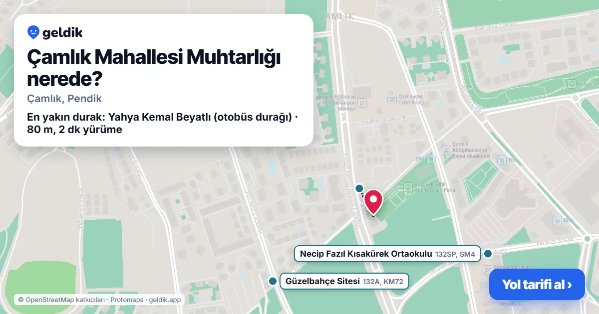 Çamlık Mahallesi Muhtarlığı nerede: haritada konumu ve en yakın duraklar, yürüme süreleriyle