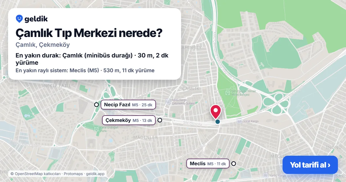 Çamlık Tıp Merkezi nerede: haritada konumu ve en yakın duraklar, yürüme süreleriyle