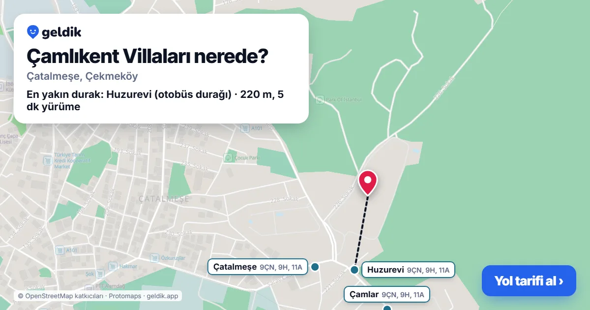 Çamlıkent Villaları nerede: haritada konumu ve en yakın duraklar, yürüme süreleriyle