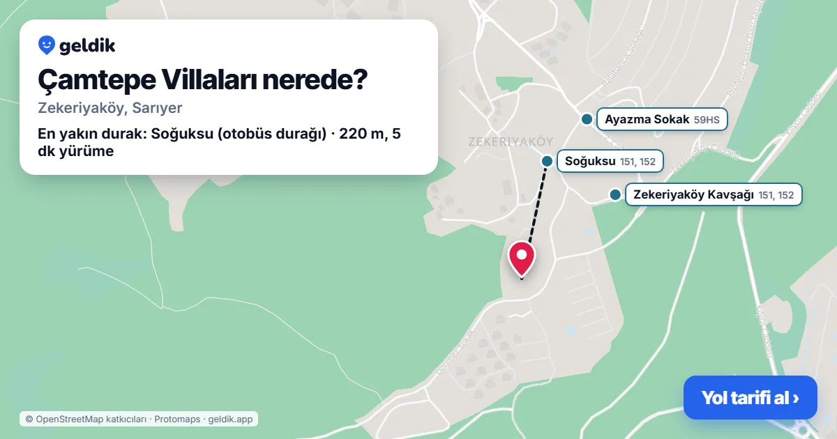 Çamtepe Villaları nerede: haritada konumu ve en yakın duraklar, yürüme süreleriyle