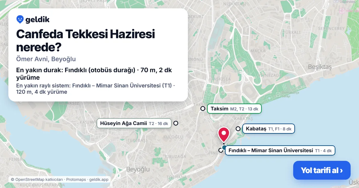 Canfeda Tekkesi Haziresi nerede: haritada konumu ve en yakın duraklar, yürüme süreleriyle