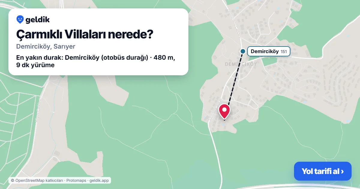Çarmıklı Villaları nerede: haritada konumu ve en yakın duraklar, yürüme süreleriyle