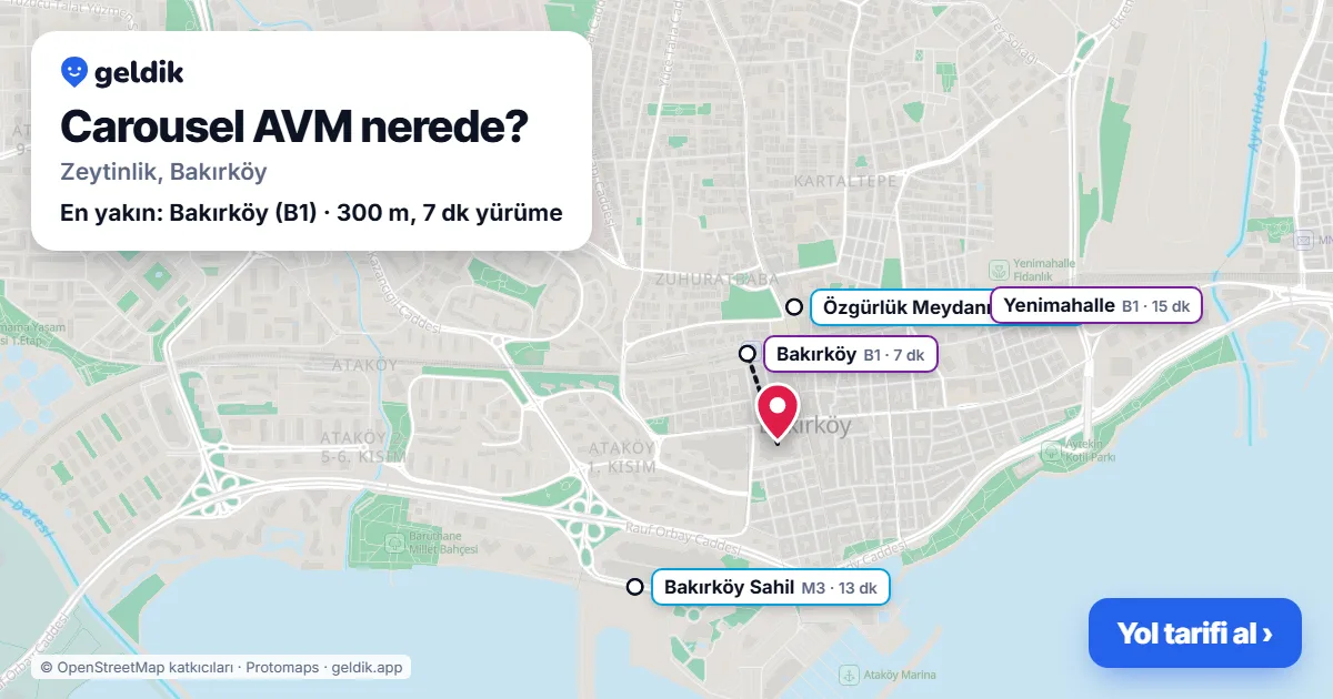 Carousel AVM nerede: haritada konumu ve en yakın duraklar, yürüme süreleriyle