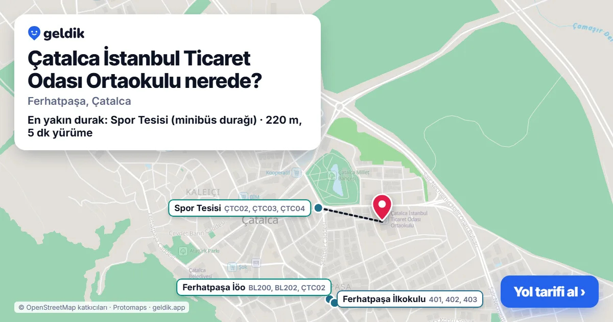 Çatalca İstanbul Ticaret Odası Ortaokulu nerede: haritada konumu ve en yakın duraklar, yürüme süreleriyle