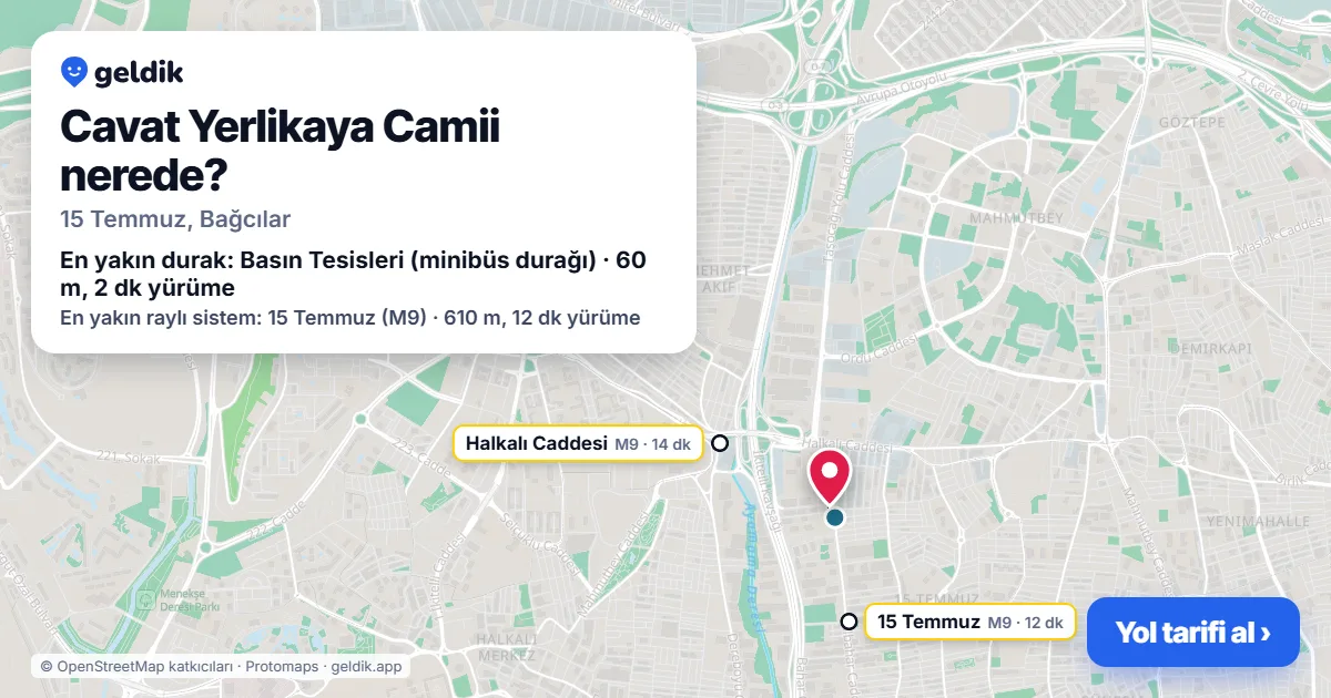 Where is Cavat Yerlikaya Camii: map with its location and the nearest stops, with walking times