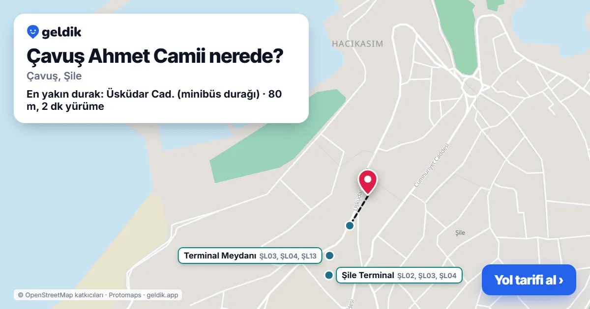 Where is Çavuş Ahmet Camii: map with its location and the nearest stops, with walking times