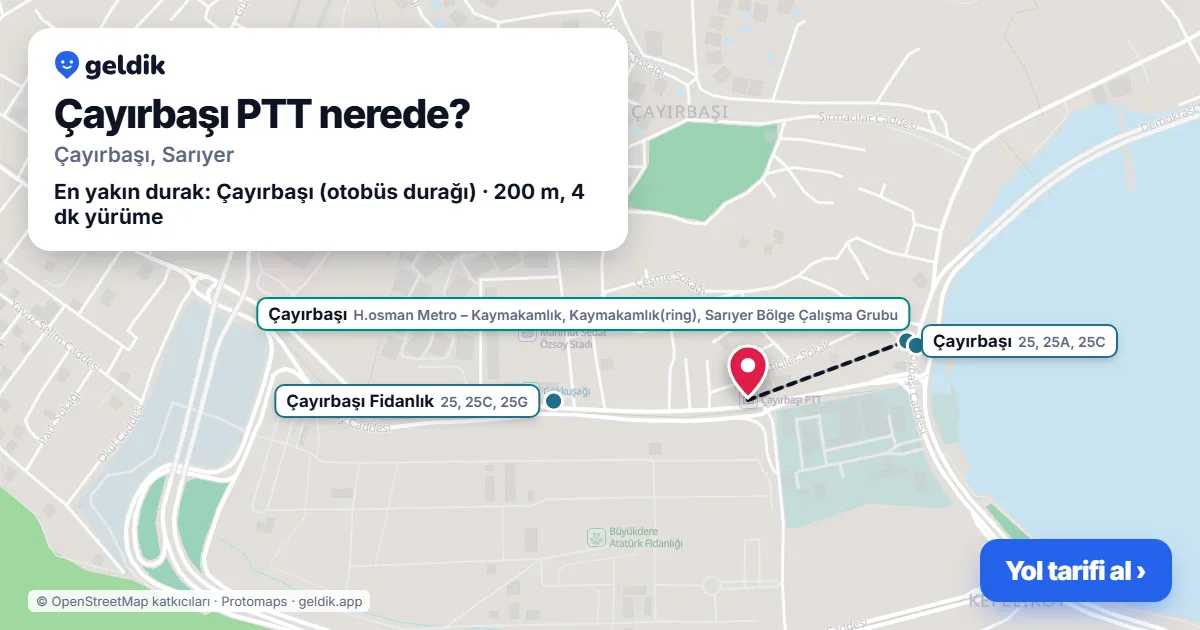 Where is Çayırbaşı PTT: map with its location and the nearest stops, with walking times