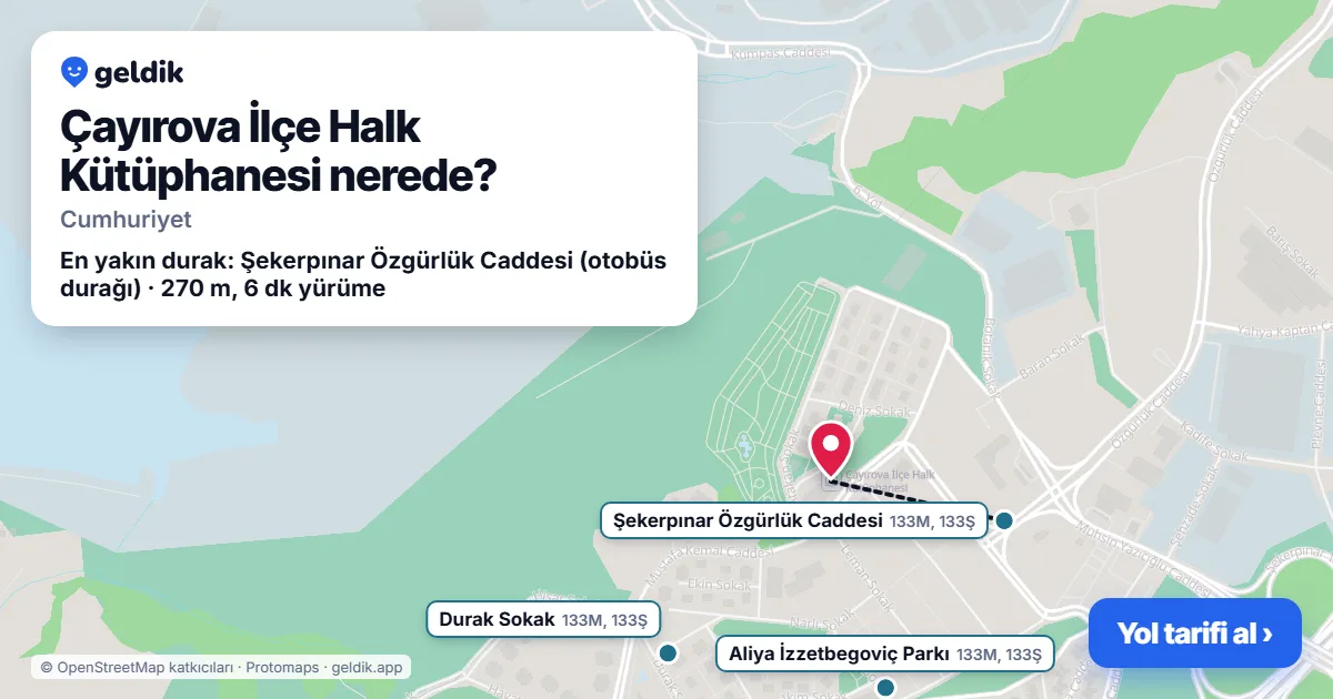 Çayırova İlçe Halk Kütüphanesi nerede: haritada konumu ve en yakın duraklar, yürüme süreleriyle