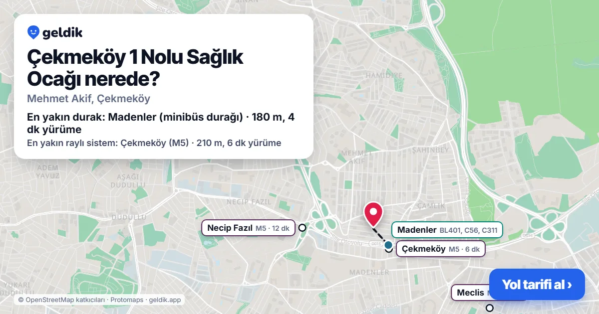 Çekmeköy 1 Nolu Sağlık Ocağı nerede: haritada konumu ve en yakın duraklar, yürüme süreleriyle