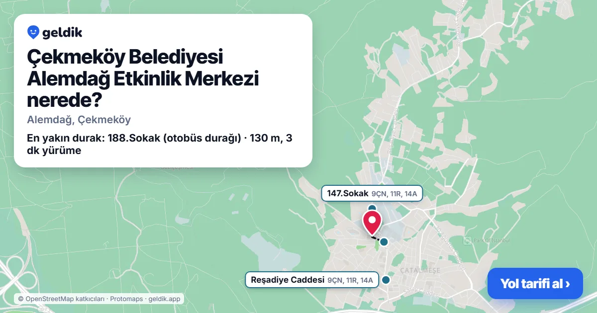 Çekmeköy Belediyesi Alemdağ Etkinlik Merkezi nerede: haritada konumu ve en yakın duraklar, yürüme süreleriyle