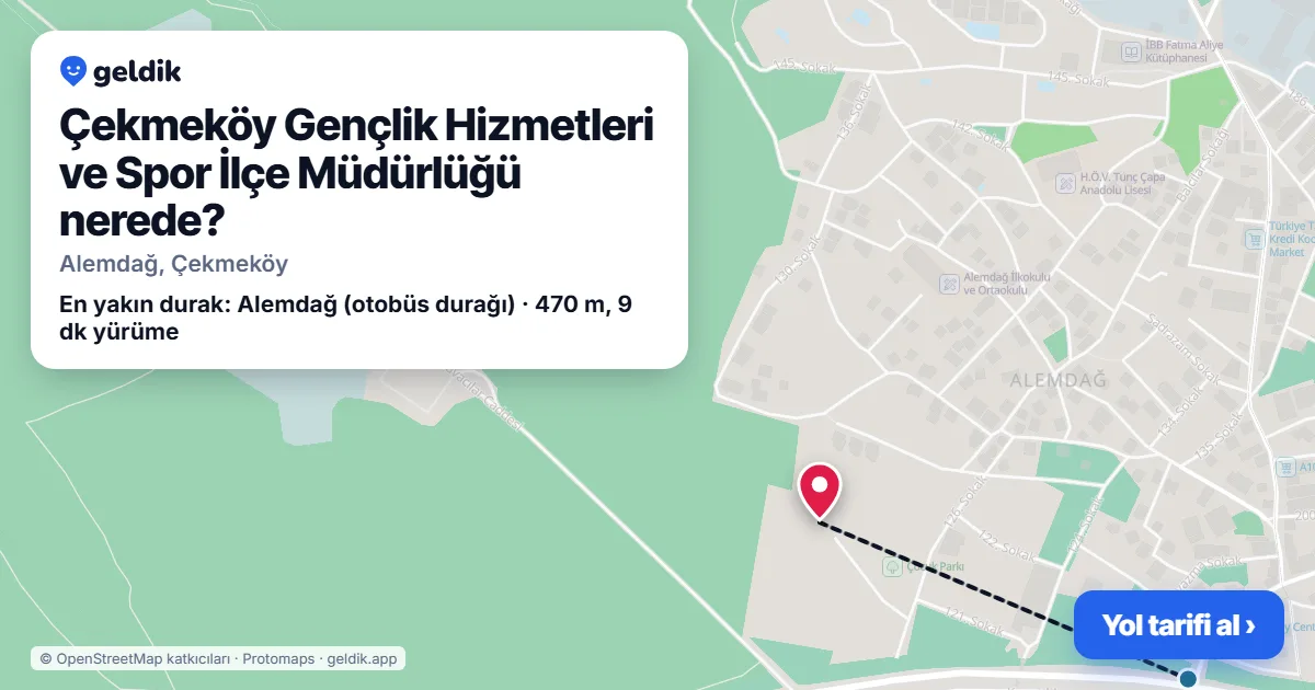 Çekmeköy Gençlik Hizmetleri ve Spor İlçe Müdürlüğü nerede: haritada konumu ve en yakın duraklar, yürüme süreleriyle
