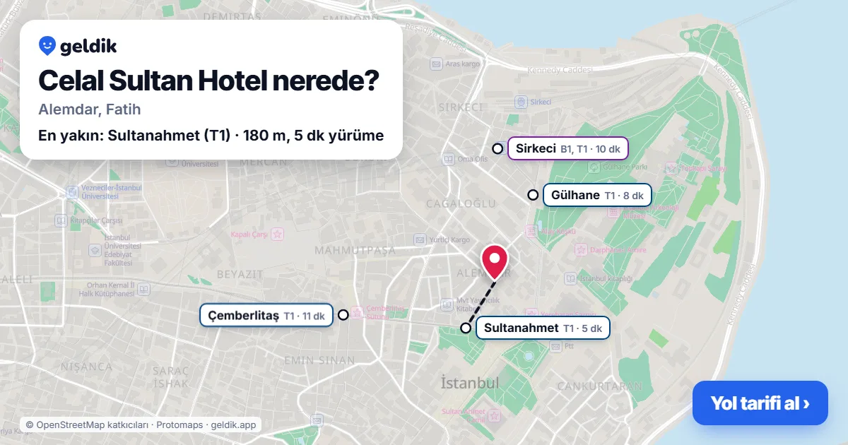 Where is Celal Sultan Hotel: map with its location and the nearest stops, with walking times