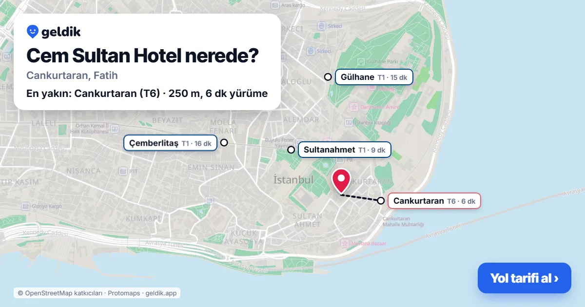 Where is Cem Sultan Hotel: map with its location and the nearest stops, with walking times