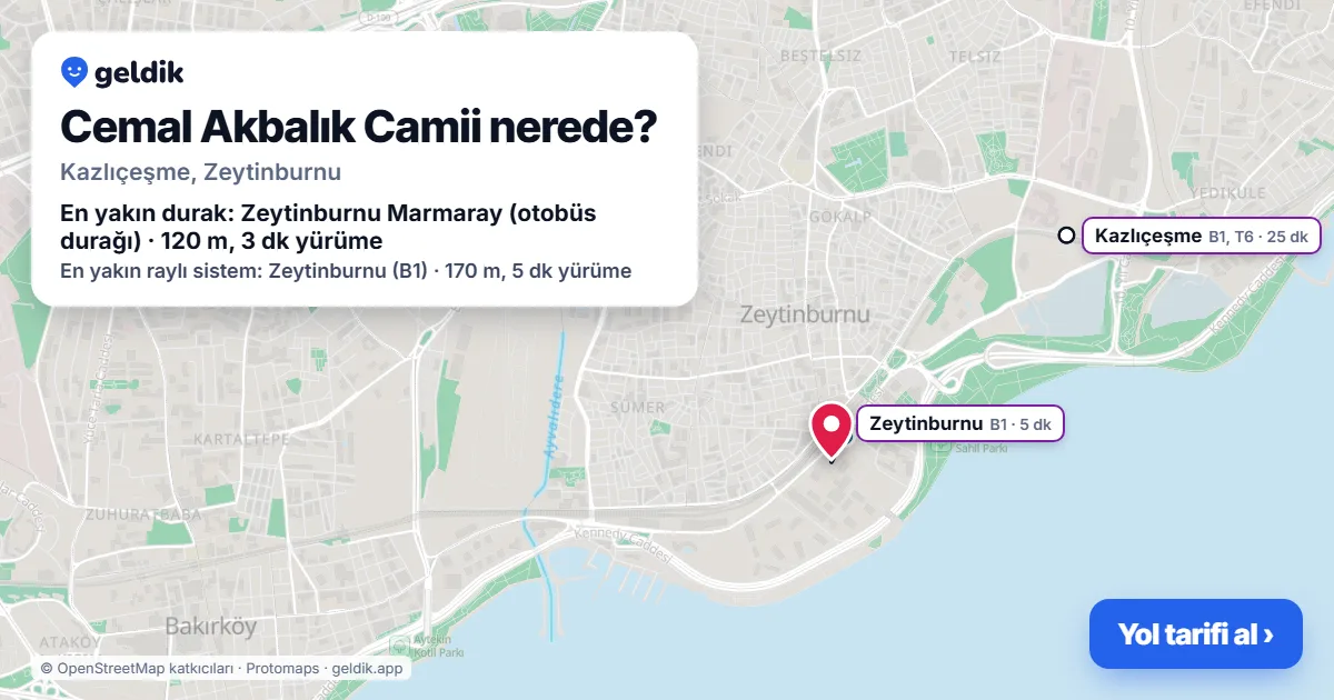 Where is Cemal Akbalık Camii: map with its location and the nearest stops, with walking times