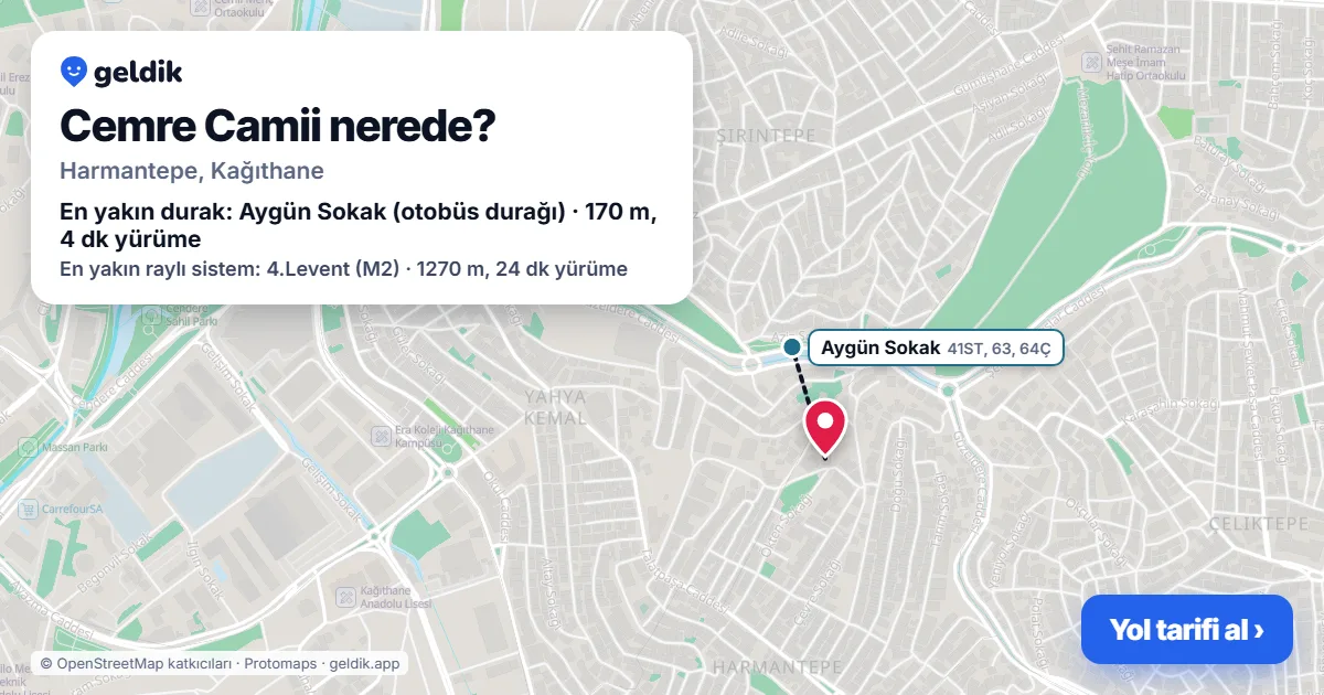 Where is Cemre Camii: map with its location and the nearest stops, with walking times