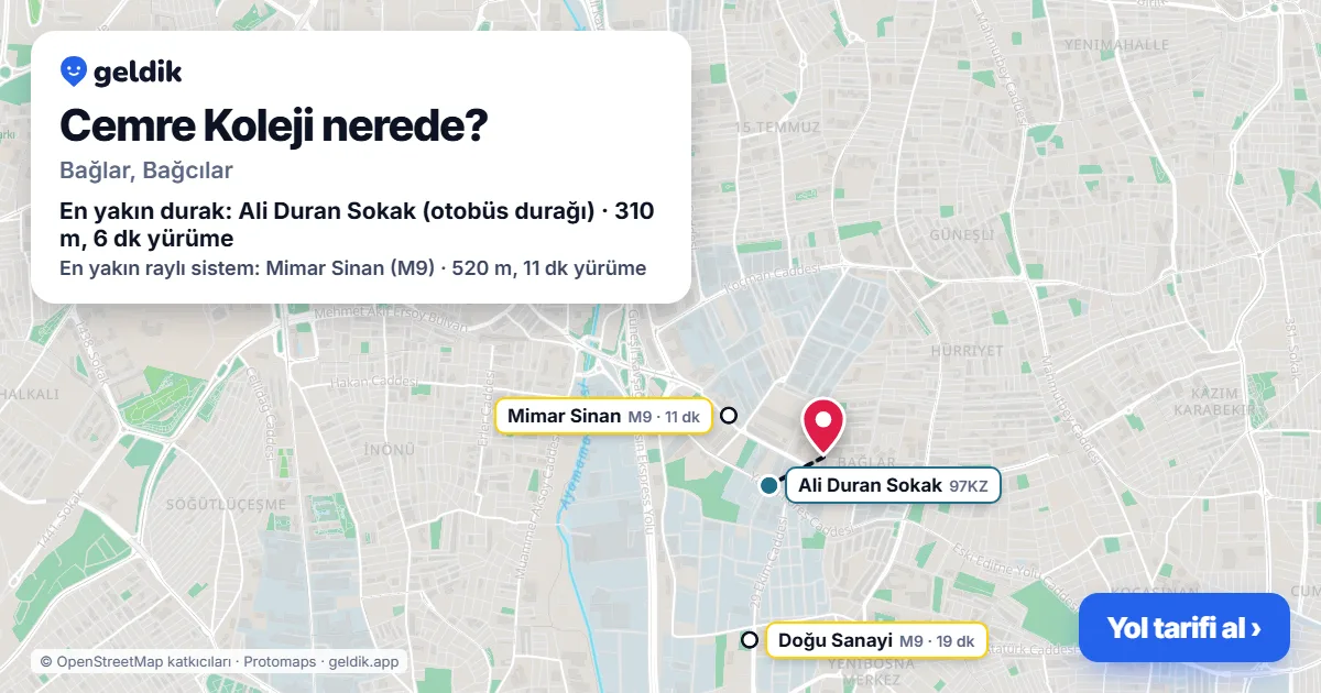 Cemre Koleji nerede: haritada konumu ve en yakın duraklar, yürüme süreleriyle