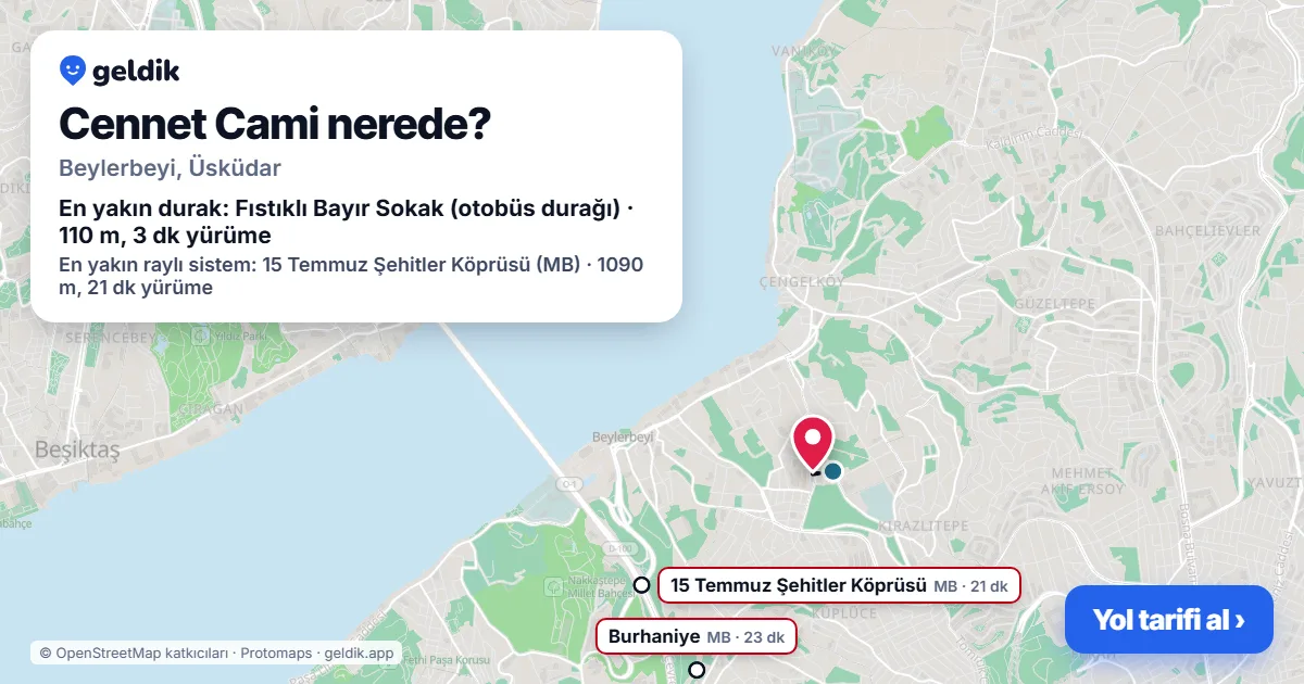 Cennet Cami nerede: haritada konumu ve en yakın duraklar, yürüme süreleriyle