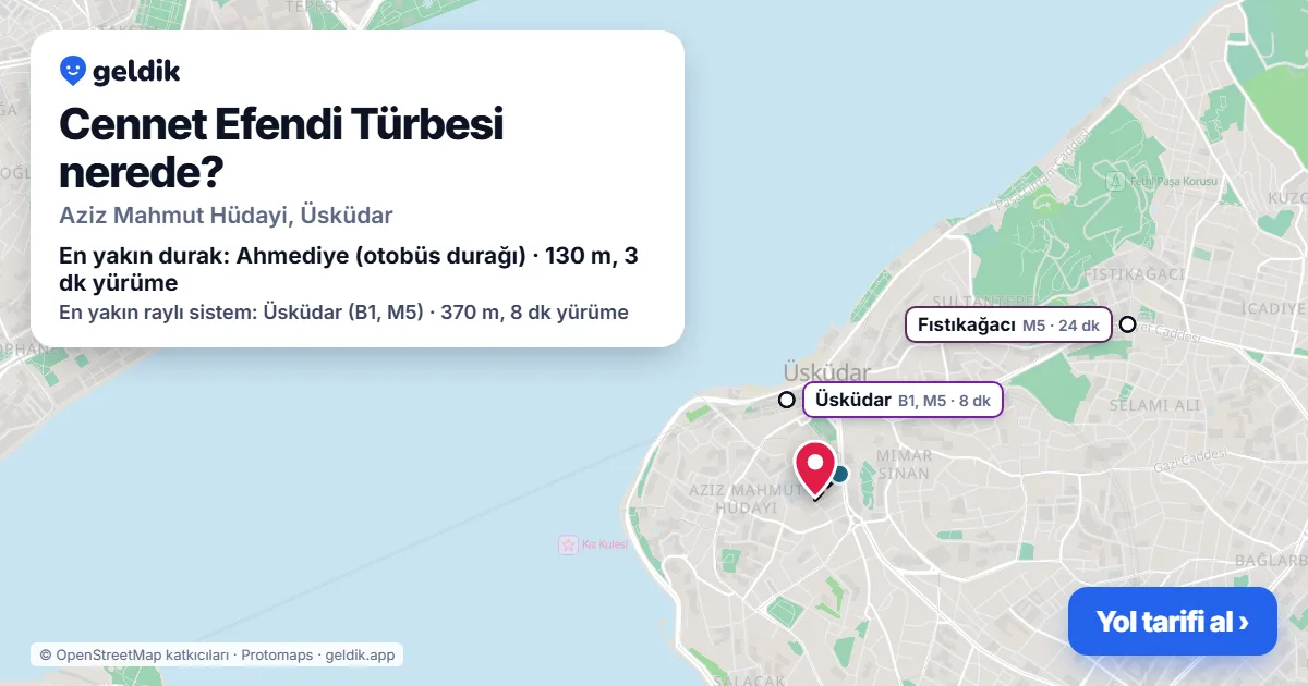 Where is Cennet Efendi Türbesi: map with its location and the nearest stops, with walking times