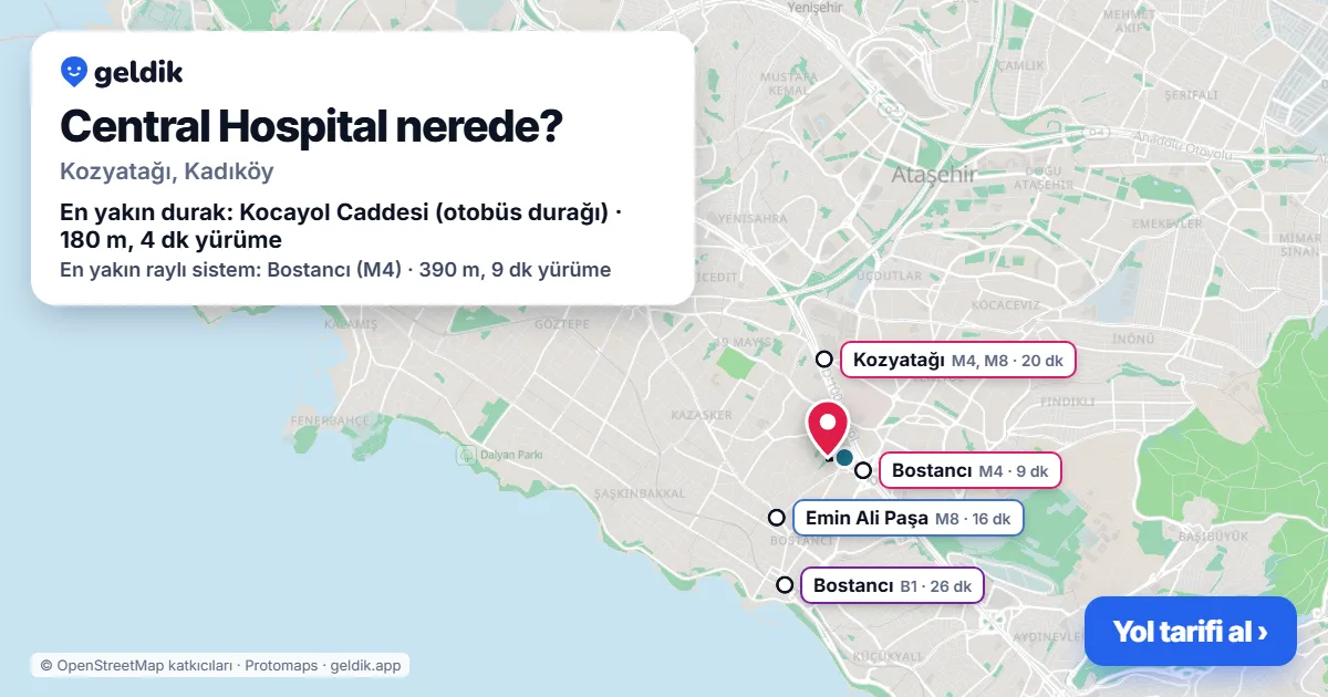 Where is Central Hospital: map with its location and the nearest stops, with walking times