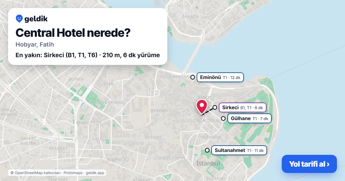Central Hotel nerede: haritada konumu ve en yakın duraklar, yürüme süreleriyle