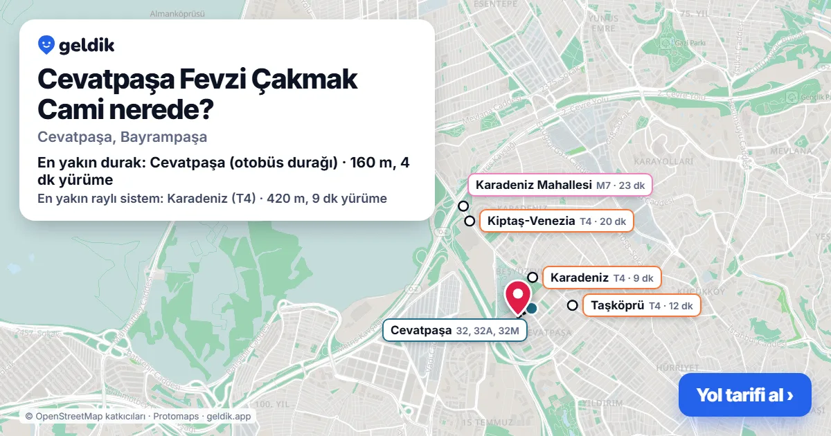 Cevatpaşa Fevzi Çakmak Cami nerede: haritada konumu ve en yakın duraklar, yürüme süreleriyle