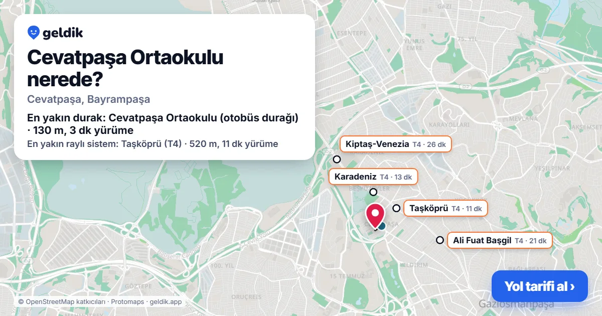 Cevatpaşa Ortaokulu nerede: haritada konumu ve en yakın duraklar, yürüme süreleriyle