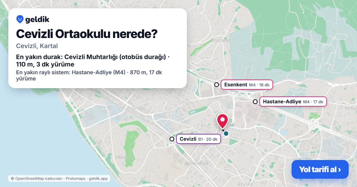 Cevizli Ortaokulu nerede: haritada konumu ve en yakın duraklar, yürüme süreleriyle