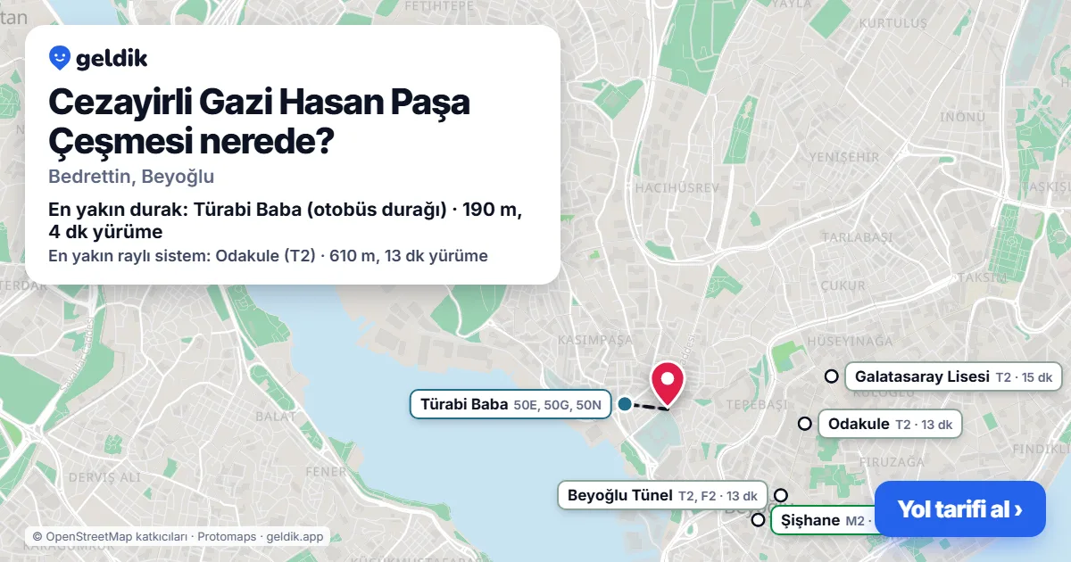 Cezayirli Gazi Hasan Paşa Çeşmesi nerede: haritada konumu ve en yakın duraklar, yürüme süreleriyle